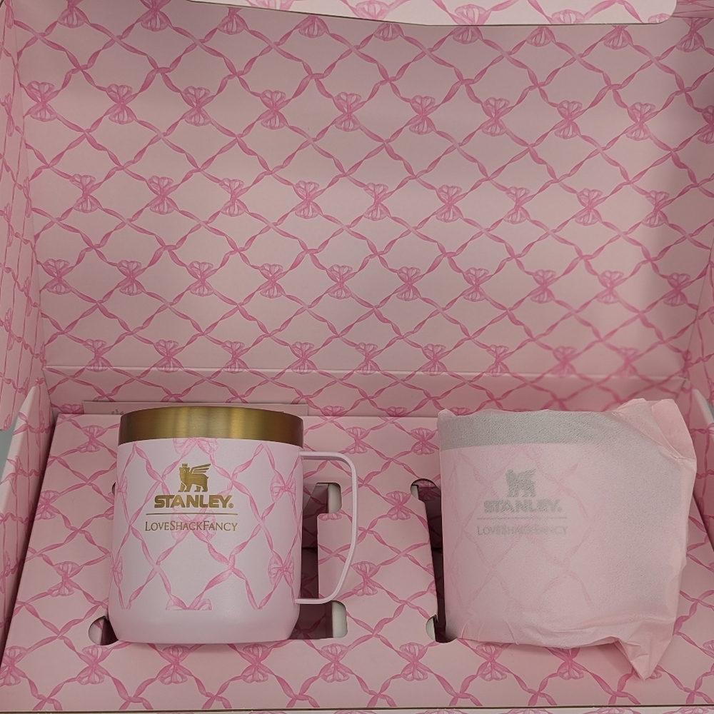 new Stanley LoveShackFancy coffee Camp Mug 12oz Baby Bow Pink gift Set box 2pc